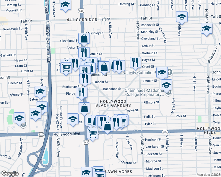 map of restaurants, bars, coffee shops, grocery stores, and more near 5743 Buchanan Street in Hollywood
