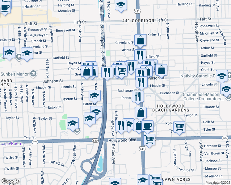 map of restaurants, bars, coffee shops, grocery stores, and more near 6128 Buchanan Street in Hollywood
