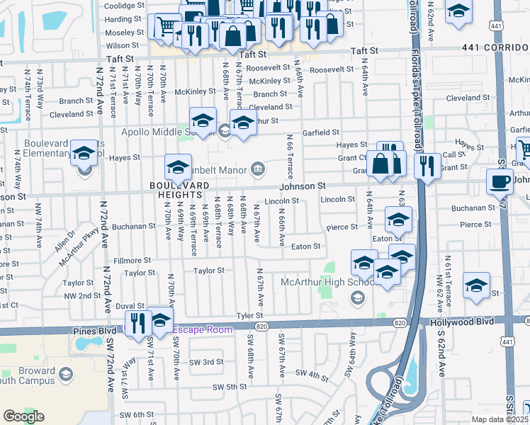 map of restaurants, bars, coffee shops, grocery stores, and more near 720 North 67th Avenue in Hollywood