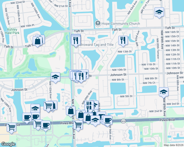 map of restaurants, bars, coffee shops, grocery stores, and more near 9800 Northwest 10th Street in Pembroke Pines