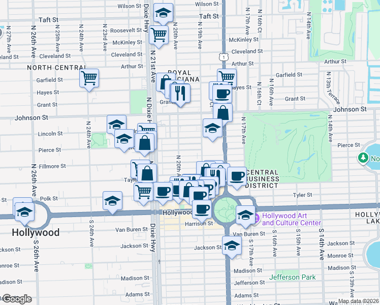 map of restaurants, bars, coffee shops, grocery stores, and more near 1930 Pierce Street in Hollywood