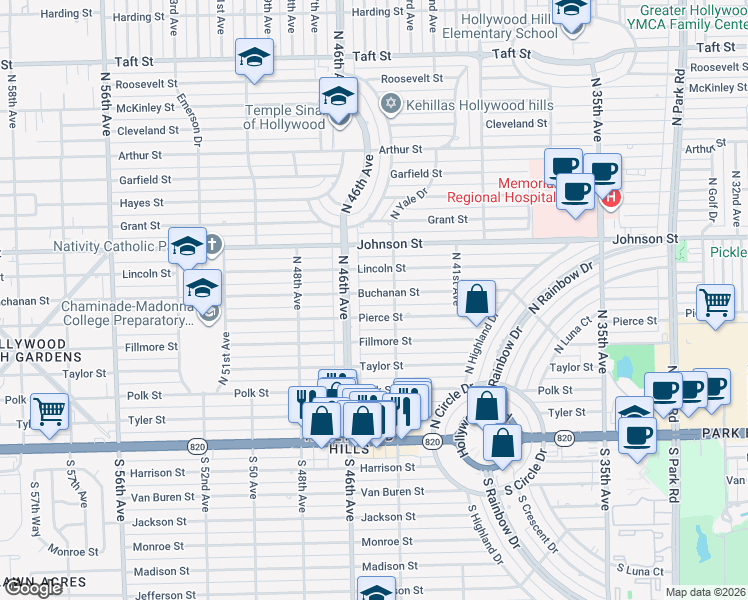 map of restaurants, bars, coffee shops, grocery stores, and more near 4500 Buchanan Street in Hollywood