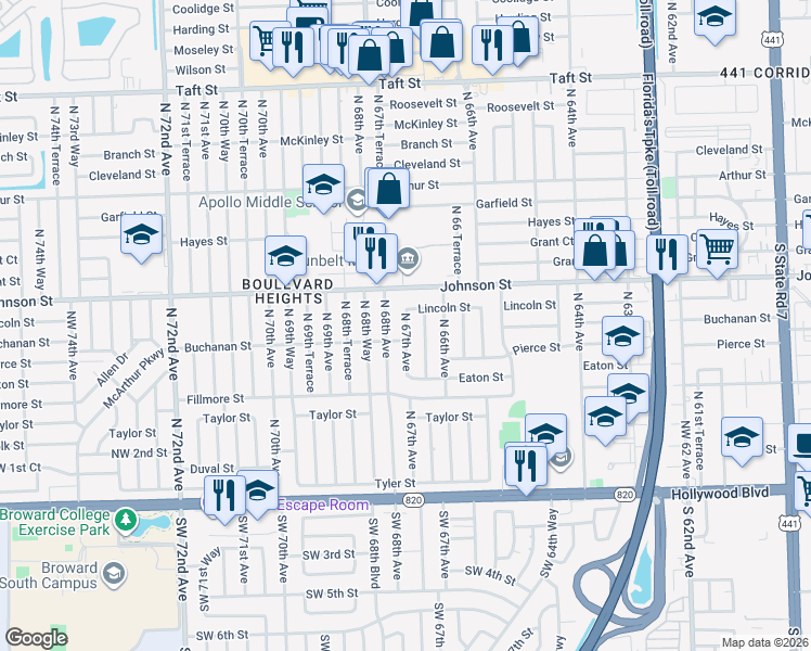 map of restaurants, bars, coffee shops, grocery stores, and more near 720 North 67th Avenue in Hollywood