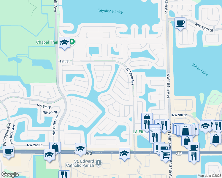 map of restaurants, bars, coffee shops, grocery stores, and more near 1212 Northwest 192nd Avenue in Pembroke Pines