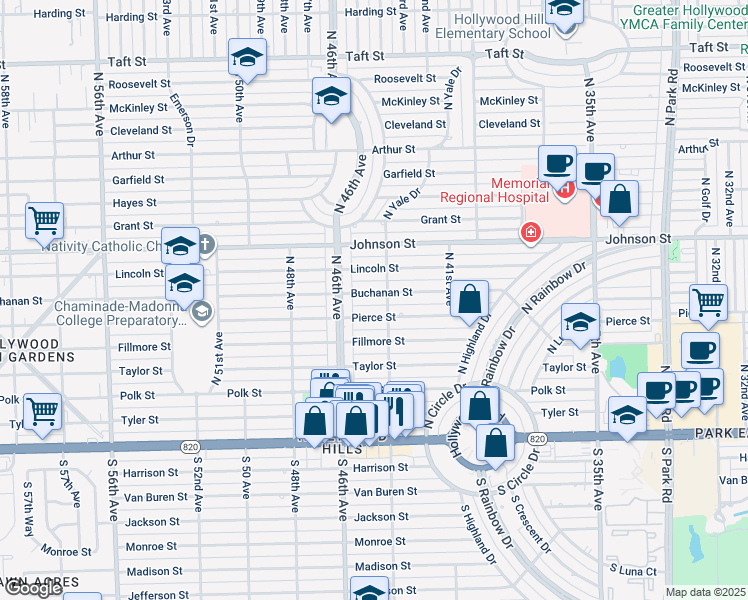 map of restaurants, bars, coffee shops, grocery stores, and more near 4500 Buchanan Street in Hollywood