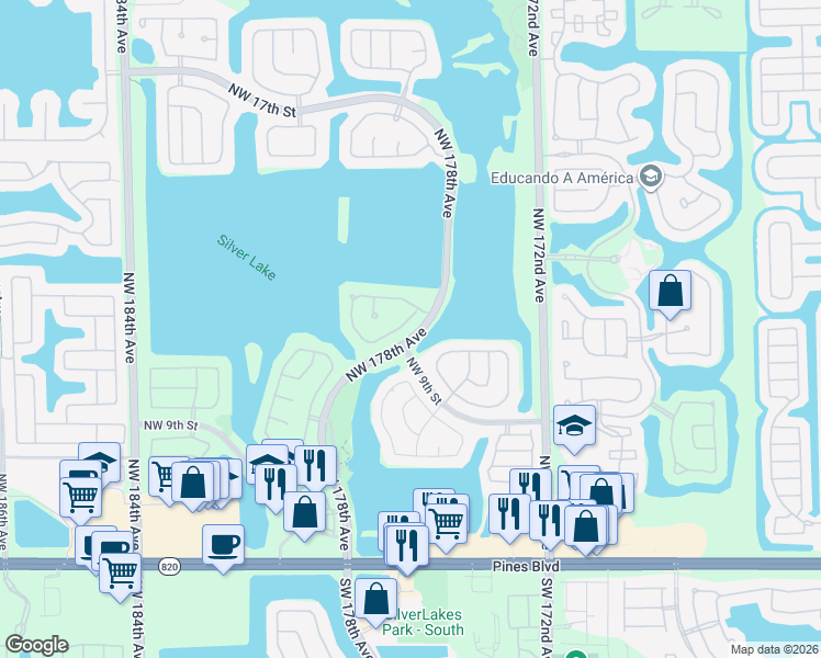map of restaurants, bars, coffee shops, grocery stores, and more near 17820 Northwest 14th Street in Pembroke Pines