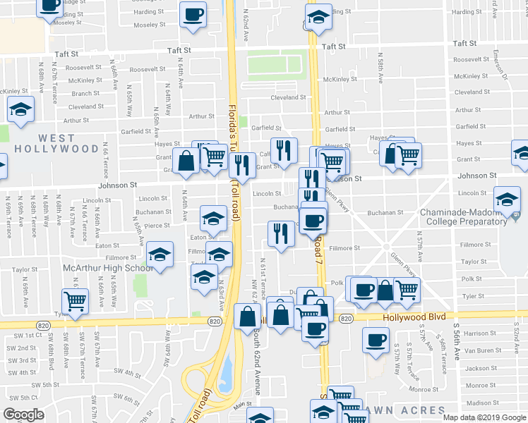 map of restaurants, bars, coffee shops, grocery stores, and more near 6128 Buchanan Street in Hollywood