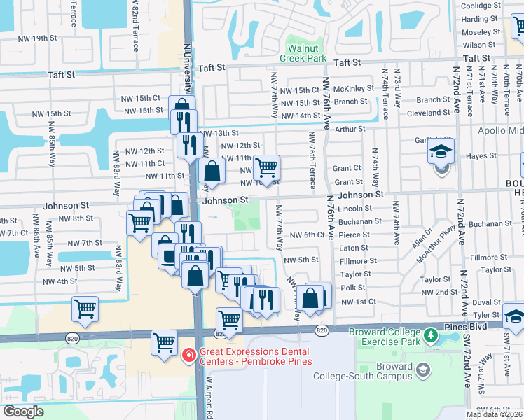 map of restaurants, bars, coffee shops, grocery stores, and more near 800 Northwest 78th Avenue in Pembroke Pines