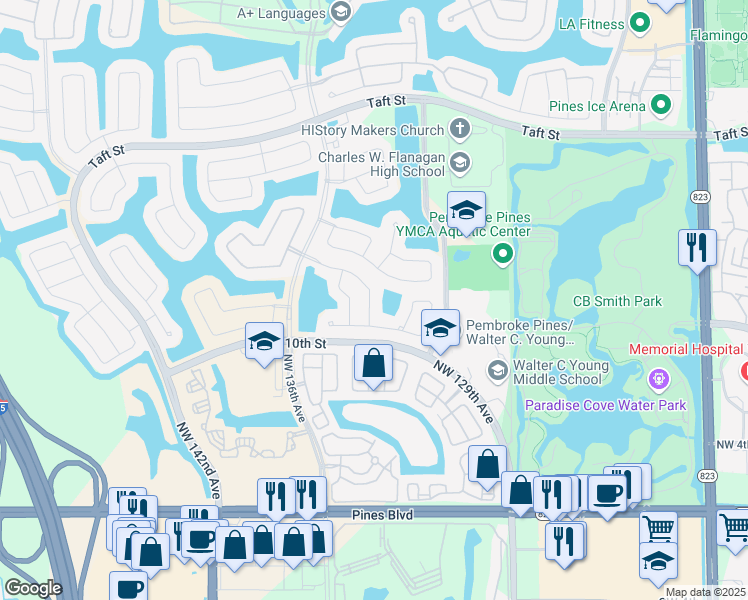 map of restaurants, bars, coffee shops, grocery stores, and more near 1145 Northwest 132nd Avenue in Pembroke Pines