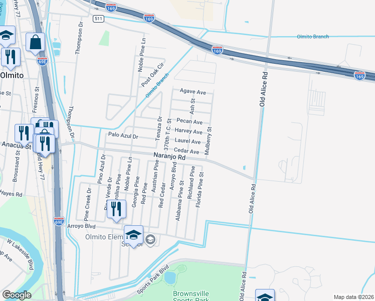 map of restaurants, bars, coffee shops, grocery stores, and more near 7580 Cedar Avenue in Brownsville