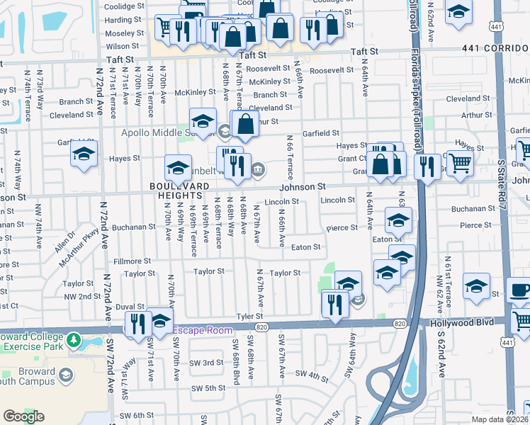 map of restaurants, bars, coffee shops, grocery stores, and more near 720 North 67th Avenue in Hollywood
