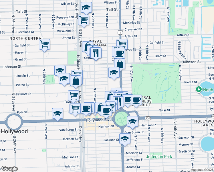 map of restaurants, bars, coffee shops, grocery stores, and more near 522 North 19th Avenue in Hollywood