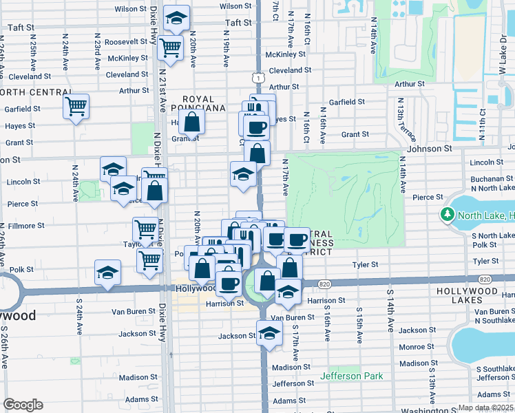 map of restaurants, bars, coffee shops, grocery stores, and more near 130 North Federal Highway in Hollywood