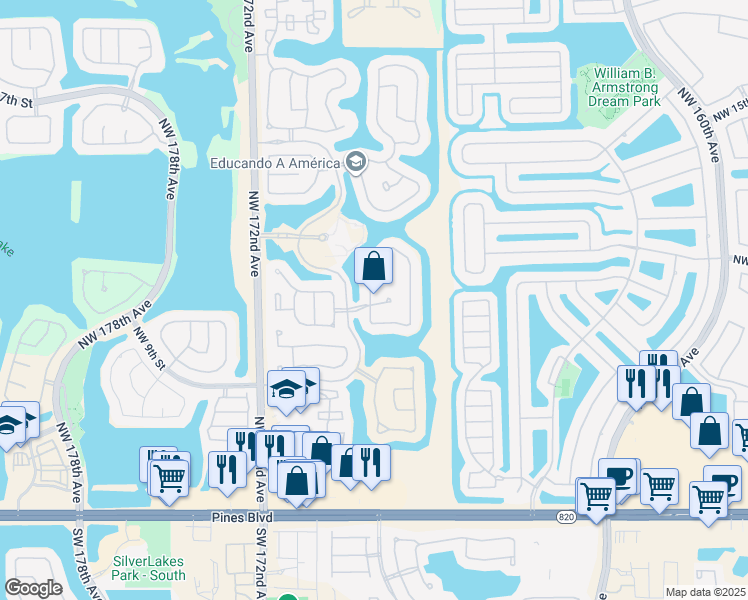 map of restaurants, bars, coffee shops, grocery stores, and more near 16769 Northwest 12th Court in Pembroke Pines