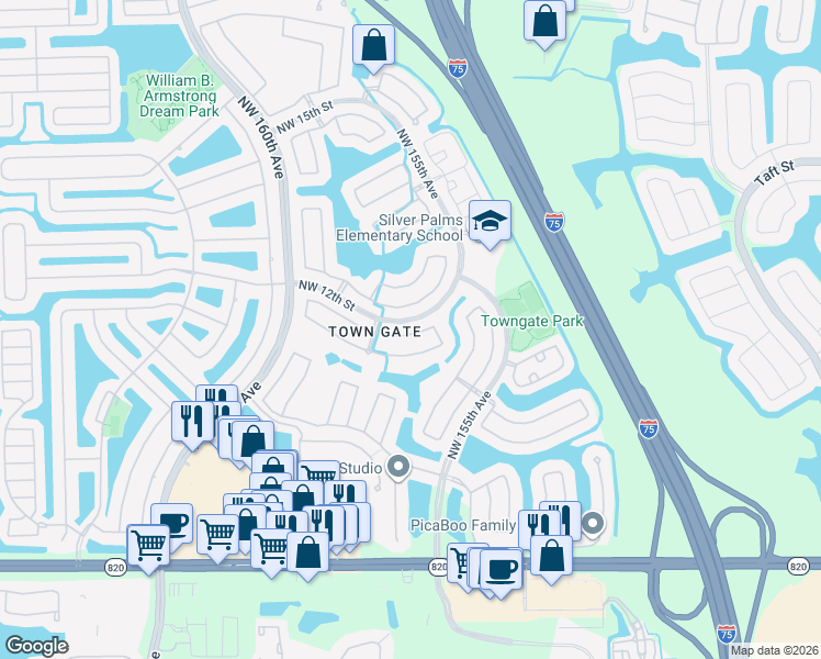 map of restaurants, bars, coffee shops, grocery stores, and more near 15739 Northwest 11th Street in Pembroke Pines