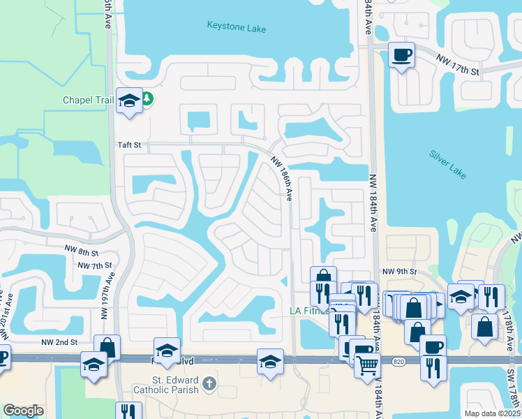 map of restaurants, bars, coffee shops, grocery stores, and more near 19103 Northwest 12th Court in Pembroke Pines
