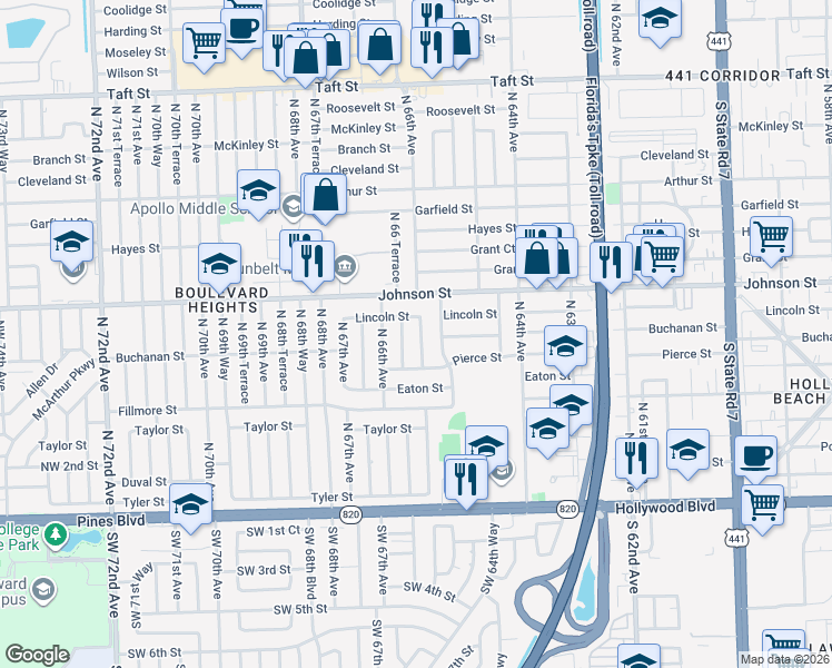 map of restaurants, bars, coffee shops, grocery stores, and more near 710 Northwest 65th Terrace in Hollywood