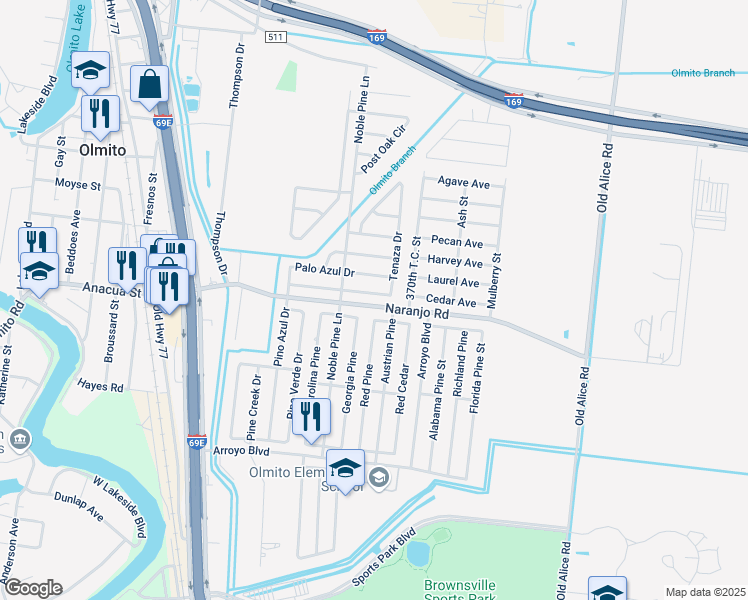 map of restaurants, bars, coffee shops, grocery stores, and more near 6778 Tenaza Drive in Brownsville