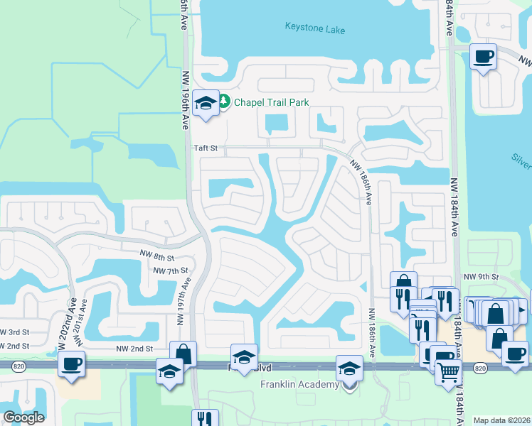 map of restaurants, bars, coffee shops, grocery stores, and more near 1101 Northwest 193rd Avenue in Pembroke Pines