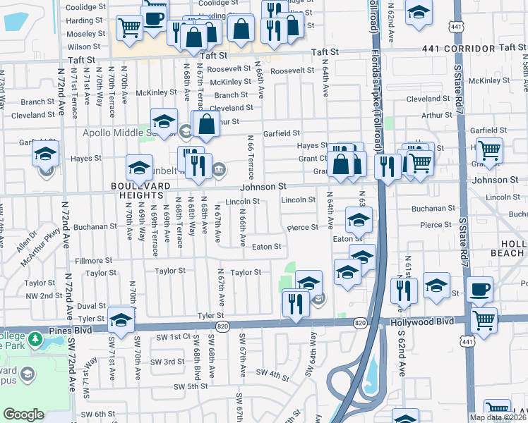 map of restaurants, bars, coffee shops, grocery stores, and more near 710 Northwest 65th Terrace in Hollywood
