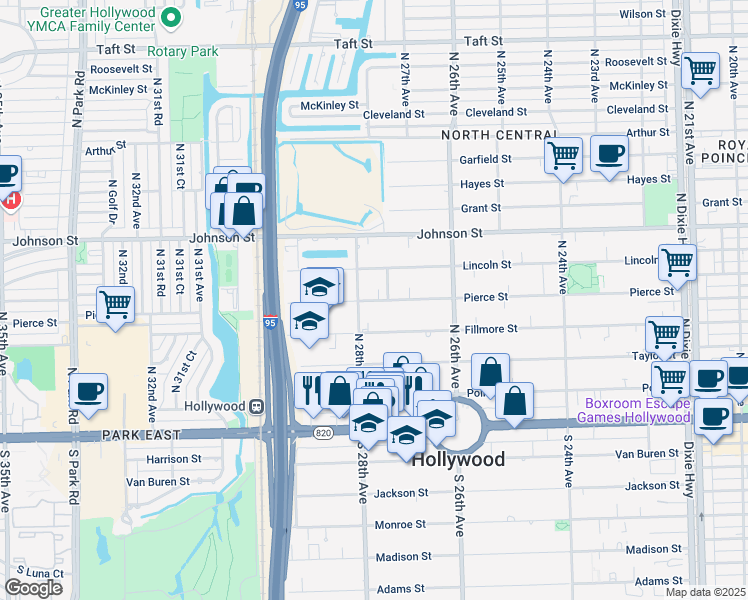map of restaurants, bars, coffee shops, grocery stores, and more near 2739 Pierce Street in Hollywood