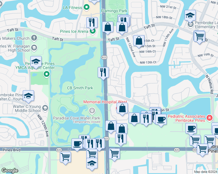 map of restaurants, bars, coffee shops, grocery stores, and more near 1083 Northwest 124th Avenue in Pembroke Pines