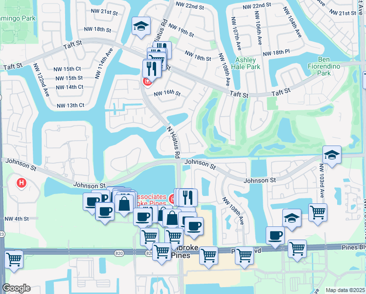 map of restaurants, bars, coffee shops, grocery stores, and more near 1062 North Hiatus Road in Pembroke Pines