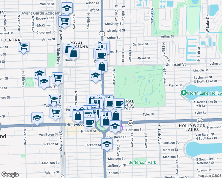 map of restaurants, bars, coffee shops, grocery stores, and more near 1712 Pierce Street in Hollywood