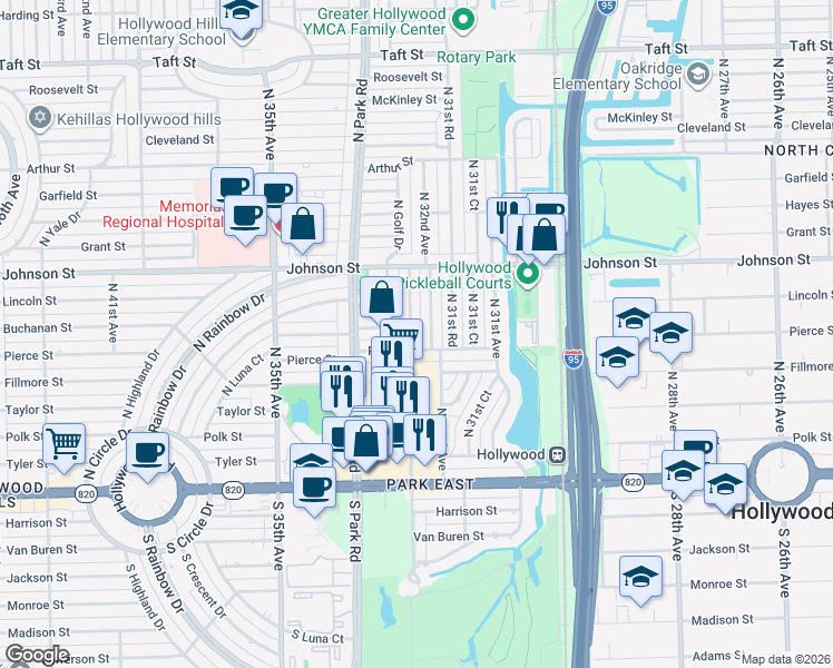 map of restaurants, bars, coffee shops, grocery stores, and more near 611 North 32nd Court in Hollywood