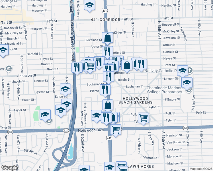 map of restaurants, bars, coffee shops, grocery stores, and more near 700 U.S. 441 in Hollywood