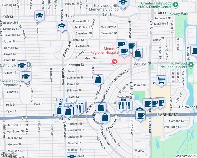 map of restaurants, bars, coffee shops, grocery stores, and more near 4016 Buchanan Street in Hollywood