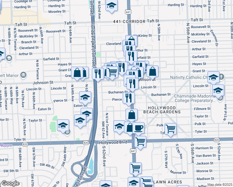 map of restaurants, bars, coffee shops, grocery stores, and more near 6038 Buchanan Street in Hollywood