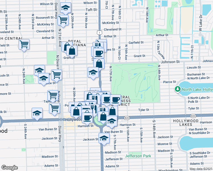 map of restaurants, bars, coffee shops, grocery stores, and more near 1712 Pierce Street in Hollywood