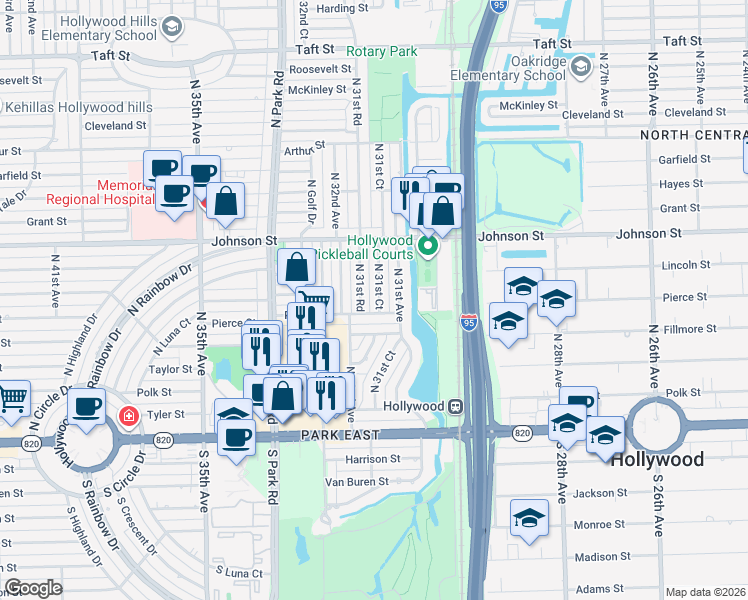 map of restaurants, bars, coffee shops, grocery stores, and more near 612 North 31st Road in Hollywood