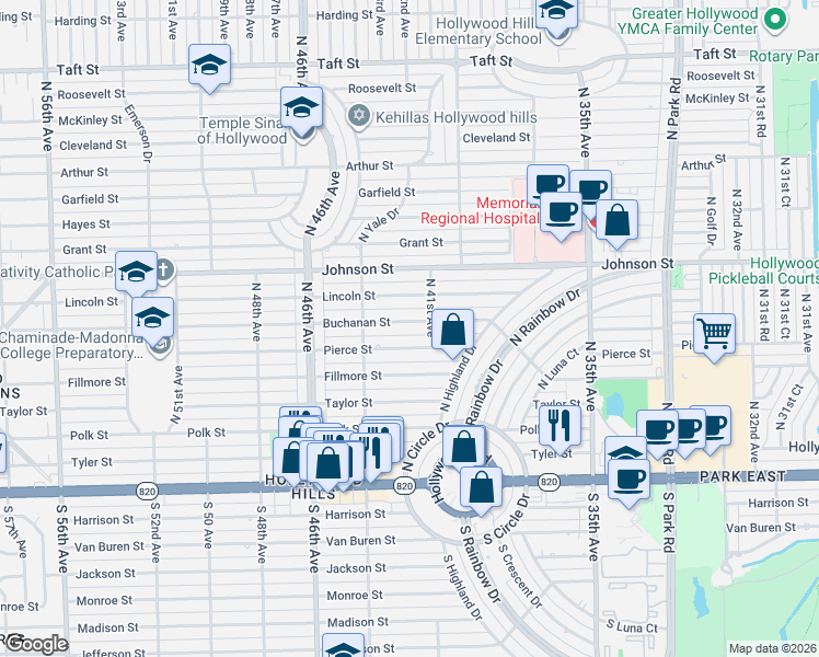 map of restaurants, bars, coffee shops, grocery stores, and more near 4116 Buchanan Street in Hollywood