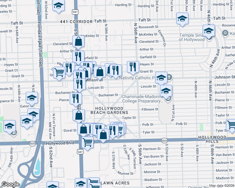 map of restaurants, bars, coffee shops, grocery stores, and more near 5711 Buchanan Street in Hollywood