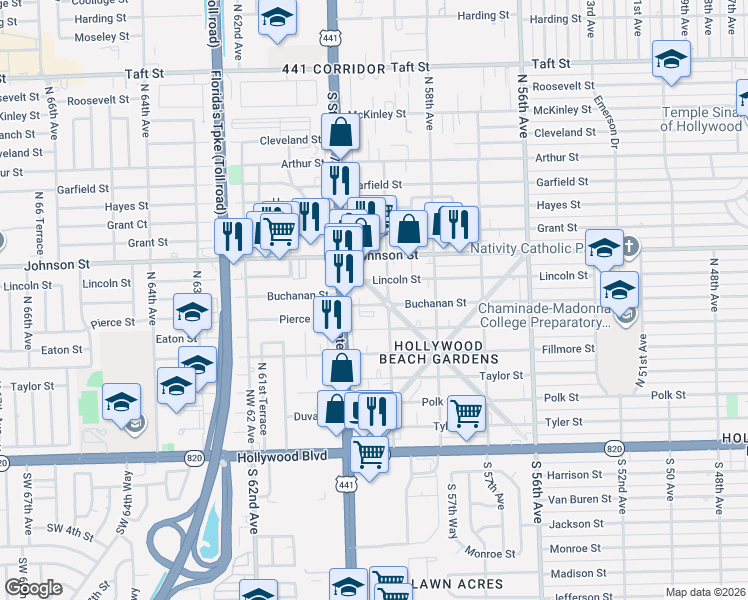 map of restaurants, bars, coffee shops, grocery stores, and more near 706 Glenn Parkway in Hollywood