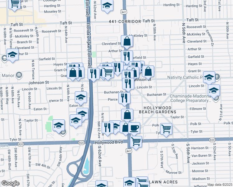 map of restaurants, bars, coffee shops, grocery stores, and more near 6038 Buchanan Street in Hollywood