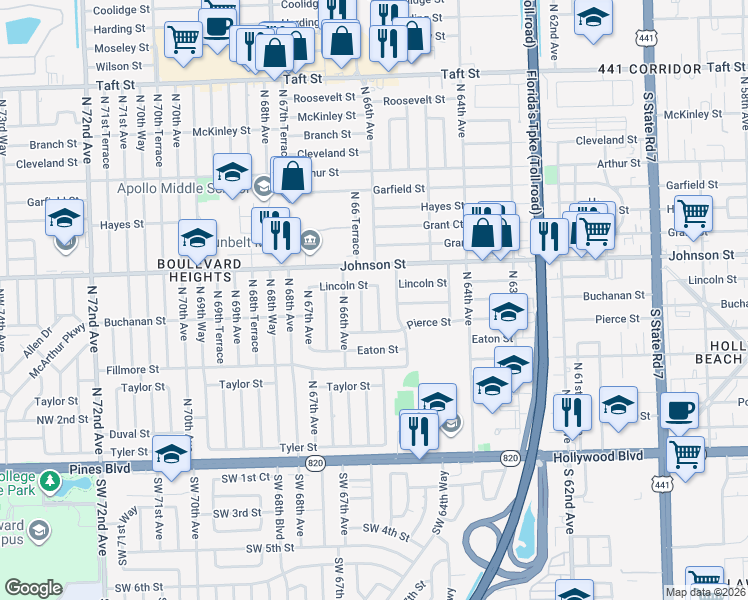 map of restaurants, bars, coffee shops, grocery stores, and more near 710 Northwest 65th Terrace in Hollywood