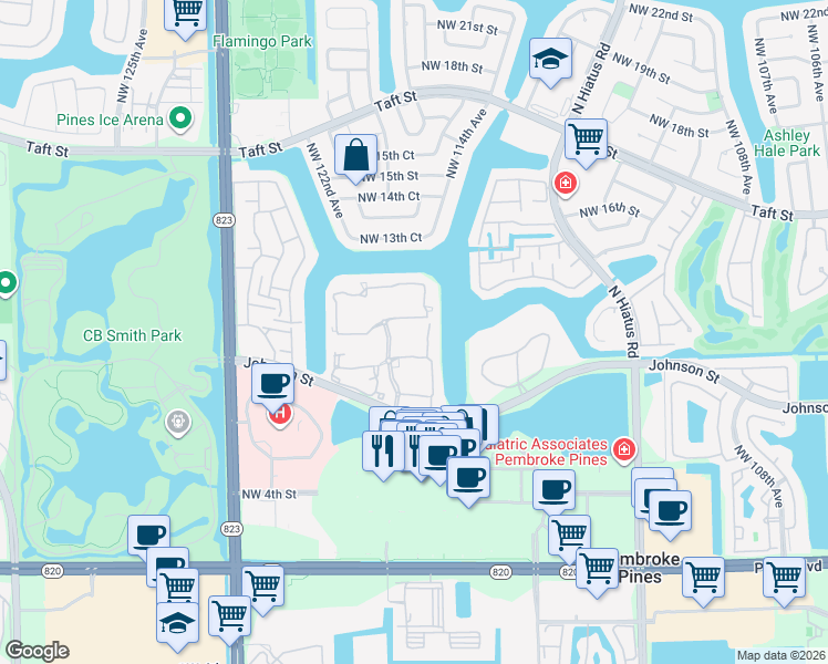 map of restaurants, bars, coffee shops, grocery stores, and more near 11738 Northwest 12th Street in Pembroke Pines