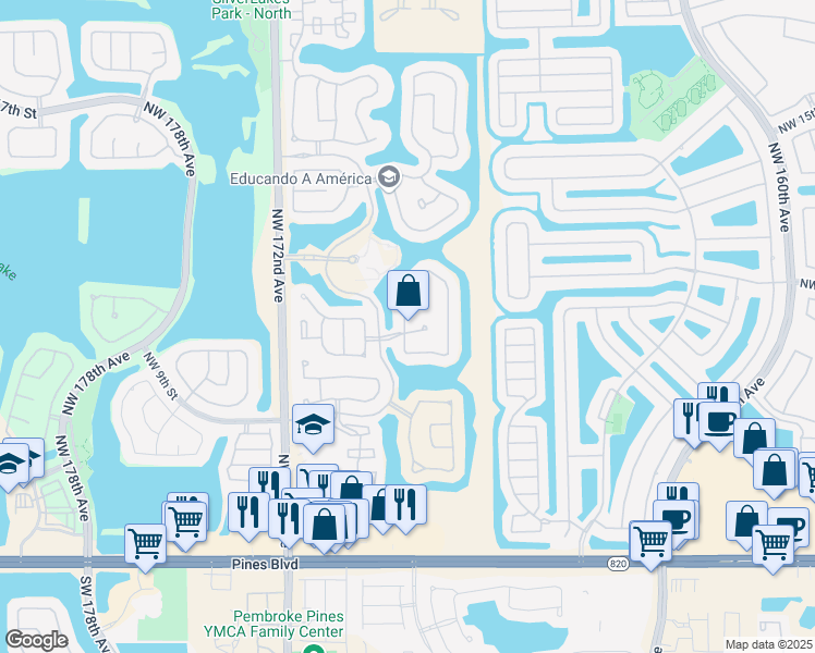 map of restaurants, bars, coffee shops, grocery stores, and more near 16769 Northwest 12th Court in Pembroke Pines
