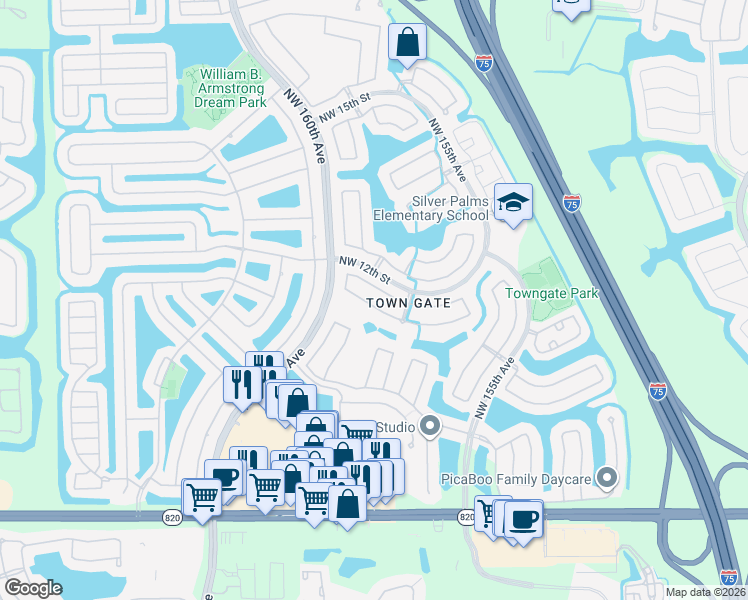 map of restaurants, bars, coffee shops, grocery stores, and more near 15843 Northwest 10th Street in Pembroke Pines