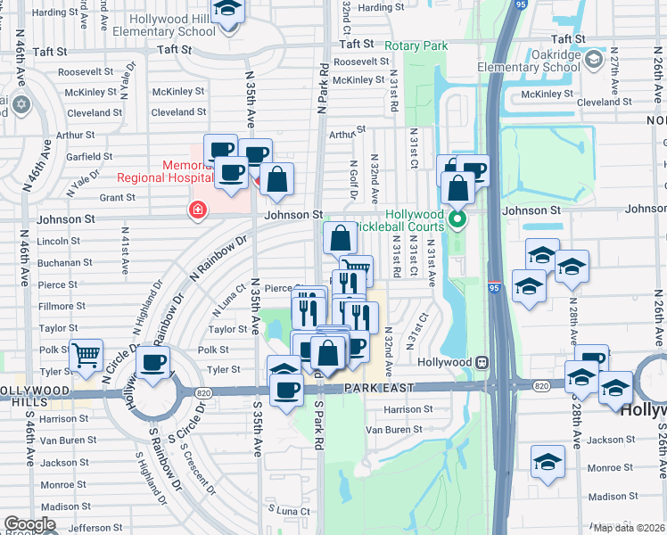 map of restaurants, bars, coffee shops, grocery stores, and more near 3250 Buchanan Street in Hollywood