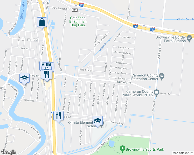map of restaurants, bars, coffee shops, grocery stores, and more near 6766 Tenaza Drive in Brownsville