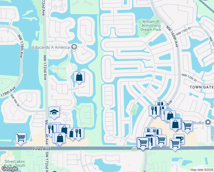 map of restaurants, bars, coffee shops, grocery stores, and more near 16505 Northwest 10th Street in Pembroke Pines