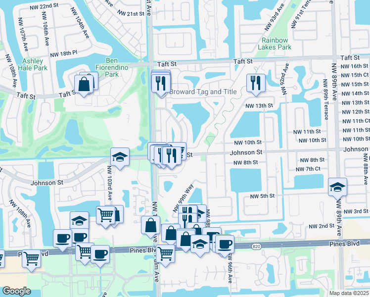 map of restaurants, bars, coffee shops, grocery stores, and more near 9800 Northwest 10th Street in Pembroke Pines