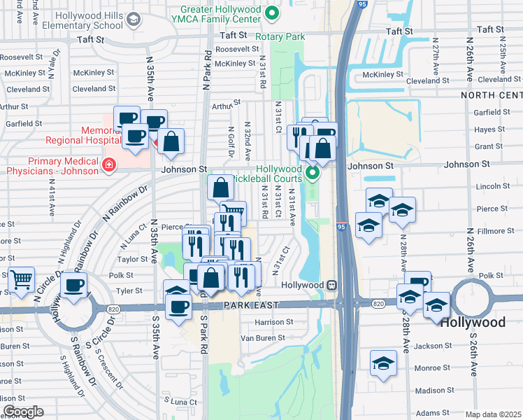 map of restaurants, bars, coffee shops, grocery stores, and more near 612 North 31st Road in Hollywood