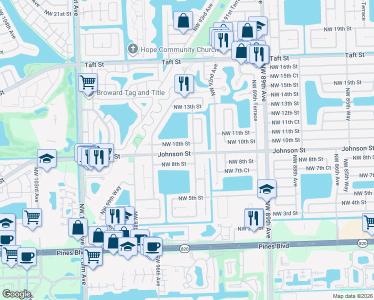 map of restaurants, bars, coffee shops, grocery stores, and more near 9411 Johnson Street in Pembroke Pines