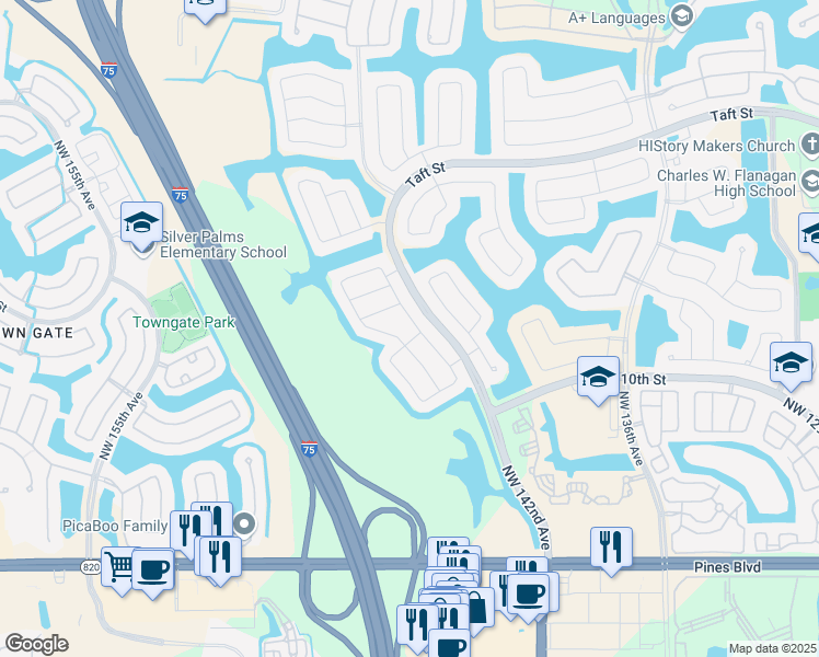 map of restaurants, bars, coffee shops, grocery stores, and more near 1320 Northwest 143rd Avenue in Pembroke Pines