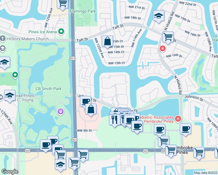 map of restaurants, bars, coffee shops, grocery stores, and more near 11939 Northwest 12th Street in Pembroke Pines